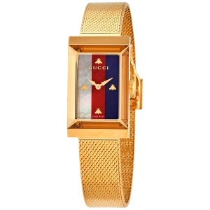 Gucci G-Frame Quartz White Red Blue Web Mother of Pearl Dial Ladies Watch YA147410