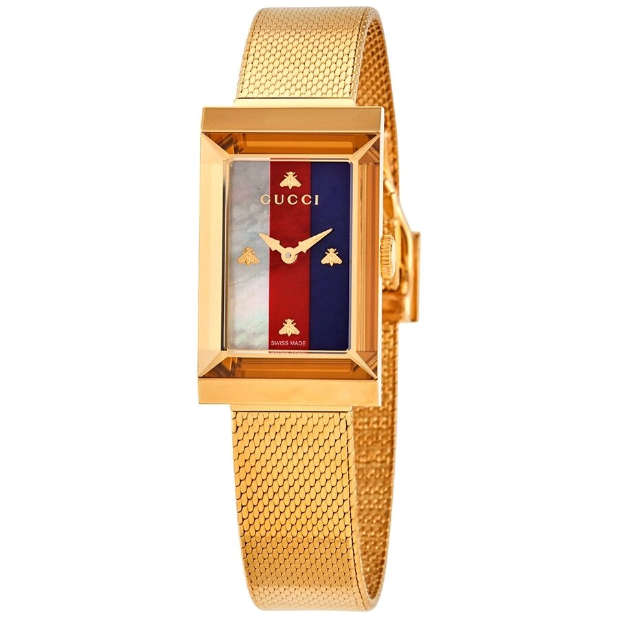 Gucci G-Frame Quartz White Red Blue Web Mother of Pearl Dial Ladies Watch YA147410