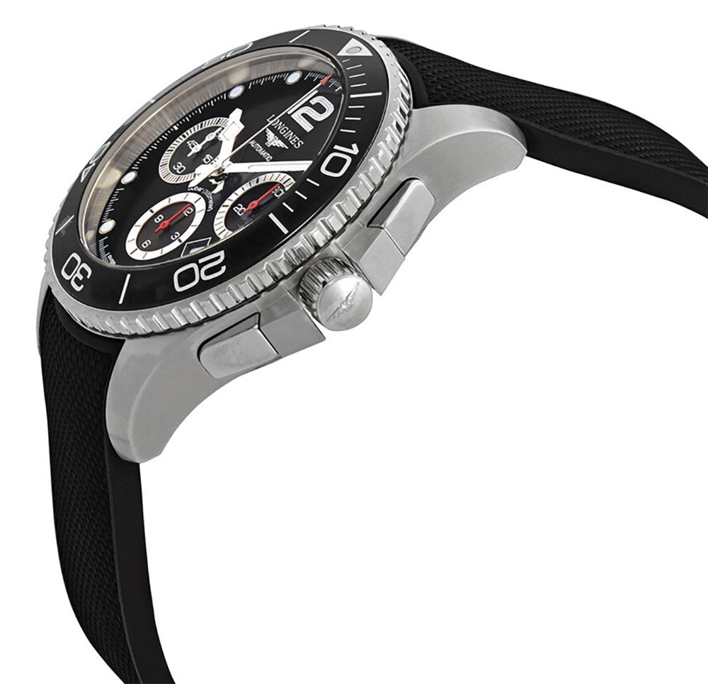 Longines HydroConquest Automatic Chronograph Stainless Steel Black Dial Black Rubber Strap Date Divers Mens Watch L3.883.4.56.9