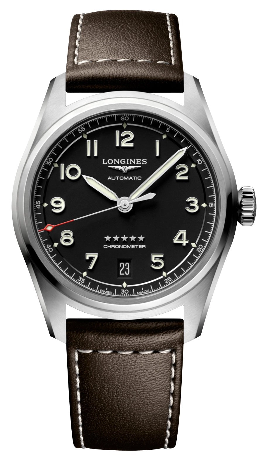Longines Spirit Automatic COSC Stainless Steel Black Dial Brown Leather Strap Date Unisex Watch L3.410.4.53.0