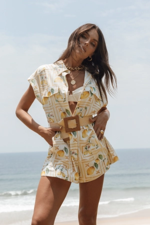 Mattina Tie Waist Playsuit - Lemon Print