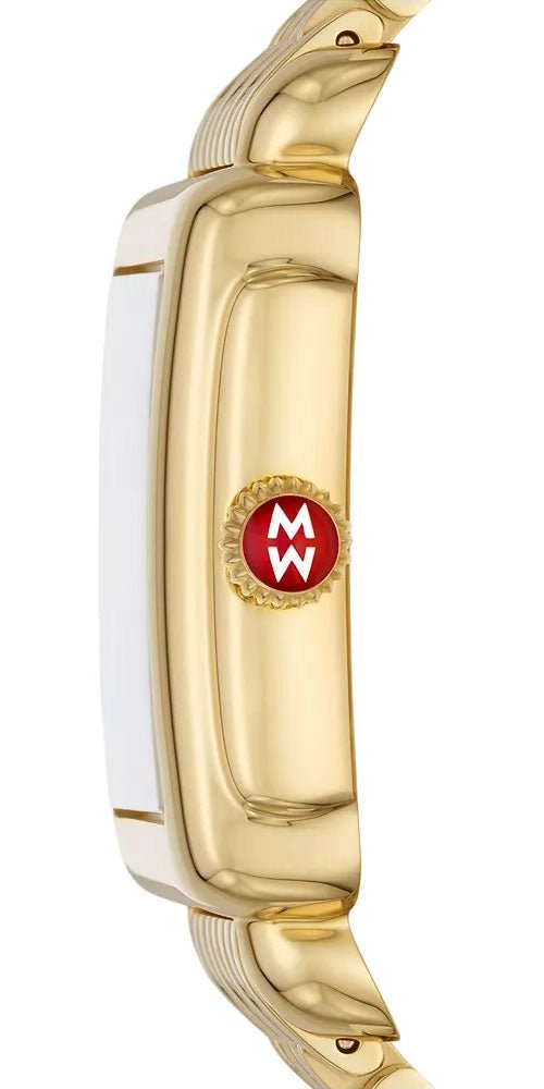 Michele Deco Madison Mid Gold Plated Steel Diamonds Silver Dial Date Rectangle Womens Watch MWW06G000014