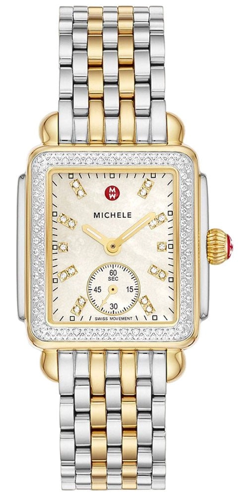 Michele Deco Mid Two-Tone Steel Diamond Mother of Pearl Dial Rectangle Womens Watch MWW06V000123