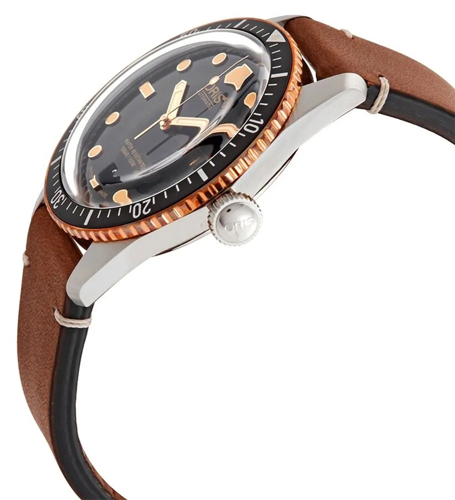 Oris Divers Sixty-Five Automatic Stainless Steel Brown Leather Strap Black Dial Date Mens Watch 733 7707 4354-07 5 20 45
