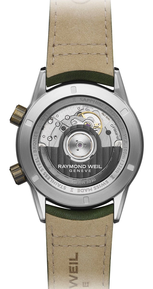 Raymond Weil Freelancer GMT Worldtimer Automatic Stainless Steel & Bronze Green Dial Green Leather Strap Date Mens Watch 2765-SBC-52001