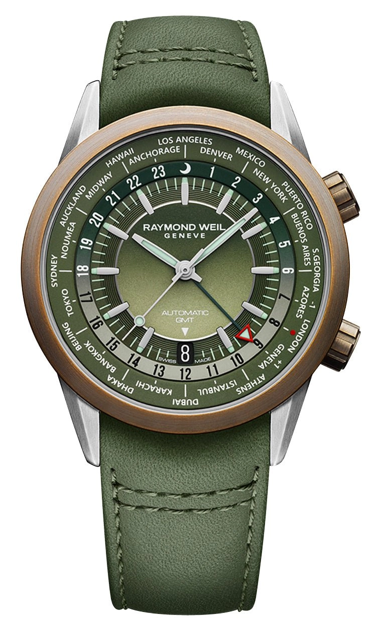 Raymond Weil Freelancer GMT Worldtimer Automatic Stainless Steel & Bronze Green Dial Green Leather Strap Date Mens Watch 2765-SBC-52001
