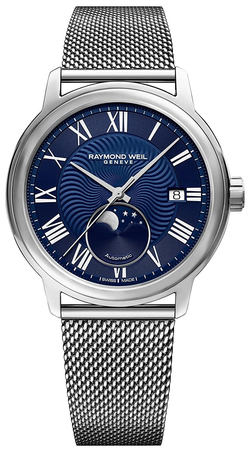Raymond Weil Maestro Automatic Stainless Steel Mesh Blue Dial Moonphase Date Mens Watch 2239M-ST-00509
