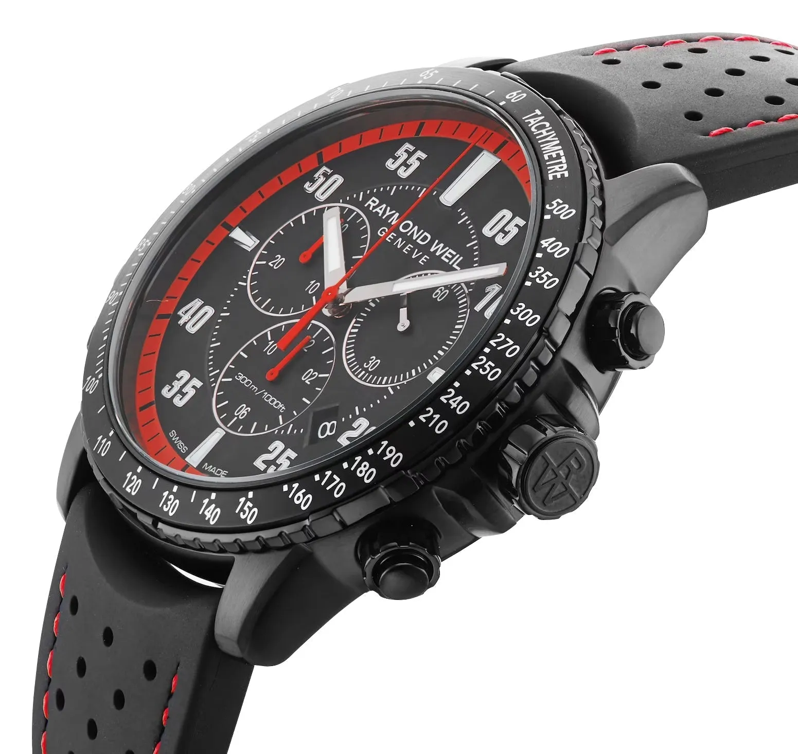 Raymond Weil Tango Chronograph Black PVD Black/Red Dial Black Rubber Strap Date Divers Quartz Mens Watch 8570-BKR-05240