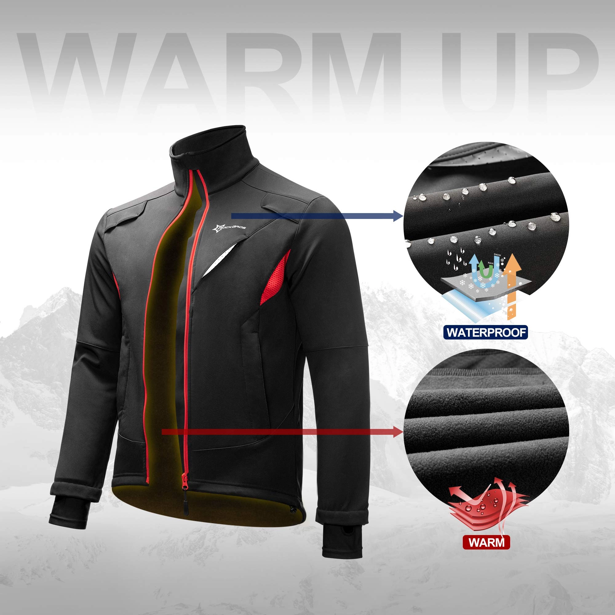 ROCKBROS Winter Cycling Jacket Thermal Fleece Windproof Jacket Running Biking Hiking
