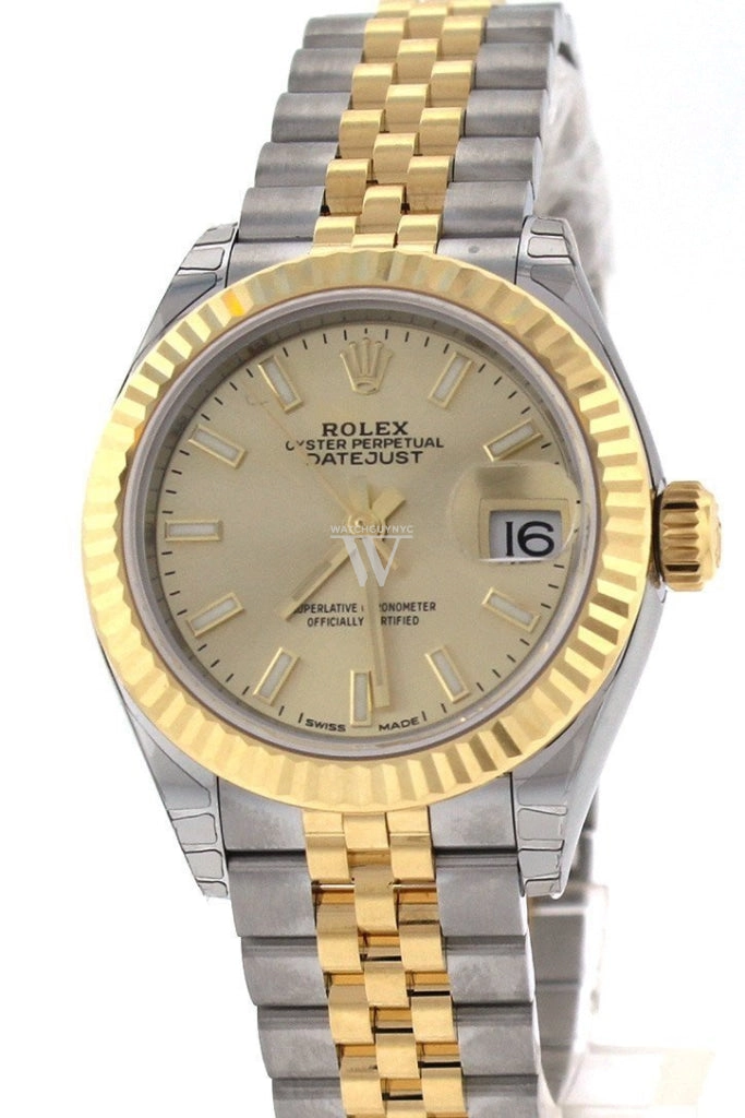 Rolex Datejust 28 Champagne Dial Fluted Yellow Gold Two Tone Jubilee Ladies Watch 279173 NP