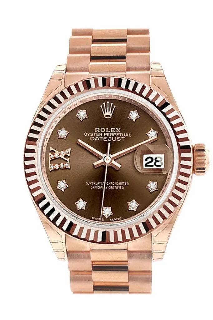 Rolex Datejust 28 Chocolate 9 diamonds set in star Dial Fluted Bezel Rose Gold President Ladies Watch 279175 NP