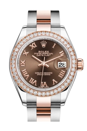 Rolex Datejust 28 Chocolate Roman Dial Diamond Bezel Rose Gold Two Tone Watch 279381RBR 279381