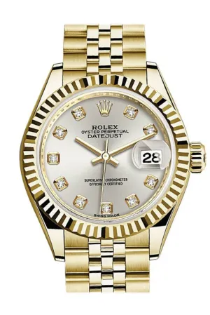 Rolex Datejust 28 Silver Diamond Dial Fluted Bezel Jubilee Ladies Watch 279178 NP
