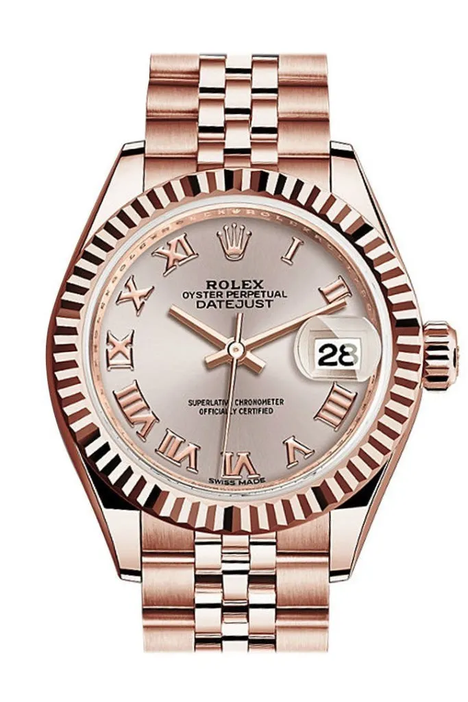 Rolex Datejust 28 Sundust Roman Dial Fluted Bezel Rose Gold Jubilee Ladies Watch 279175 NP