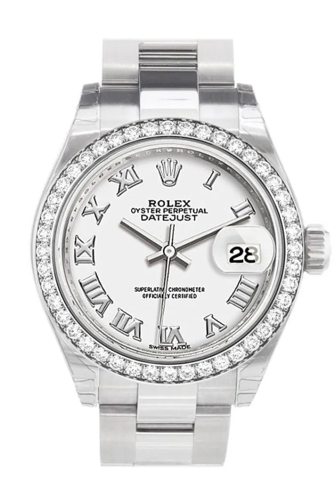 Rolex Datejust 28 White Roman Dial Diamond Bezel Steel Ladies Watch 279384RBR