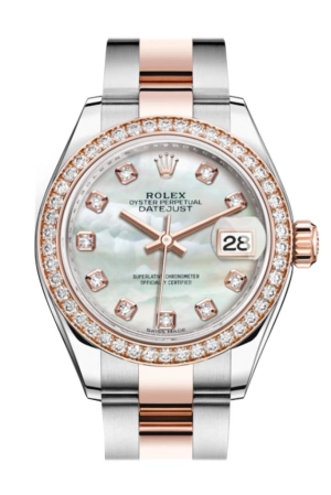 Rolex Datejust 28mm White mother-of-pearl Diamonds Dial Diamond Bezel Rose Gold Two Tone Watch 279381RBR 279381
