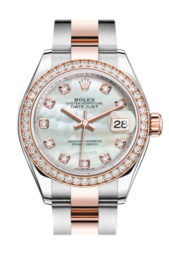 Rolex Datejust 28mm White mother-of-pearl Diamonds Dial Diamond Bezel Rose Gold Two Tone Watch 279381RBR 279381