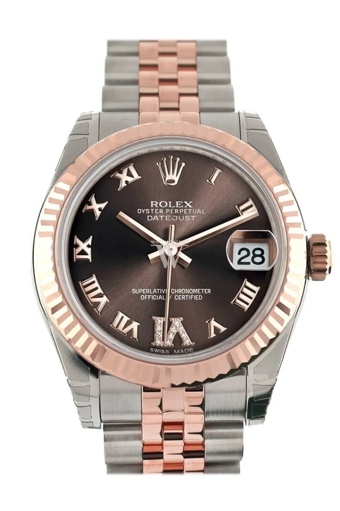 Rolex Datejust 31 Chocolate Roman Large VI Diamond Dial Fluted Bezel 18K Rose Gold Two Tone Jubilee Ladies Watch 178271 Pre-owned