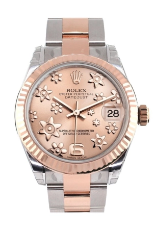 Rolex Datejust 31 Pink Raised Floral Motif Dial Fluted Bezel 18K Rose Gold Two Tone Ladies Watch 178271 Pre-owned