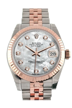 Rolex Datejust 31 White Mother of Pearl Diamond Dial Fluted Bezel 18K Rose Gold Two Tone Jubilee Ladies Watch 178271 Pre-owned
