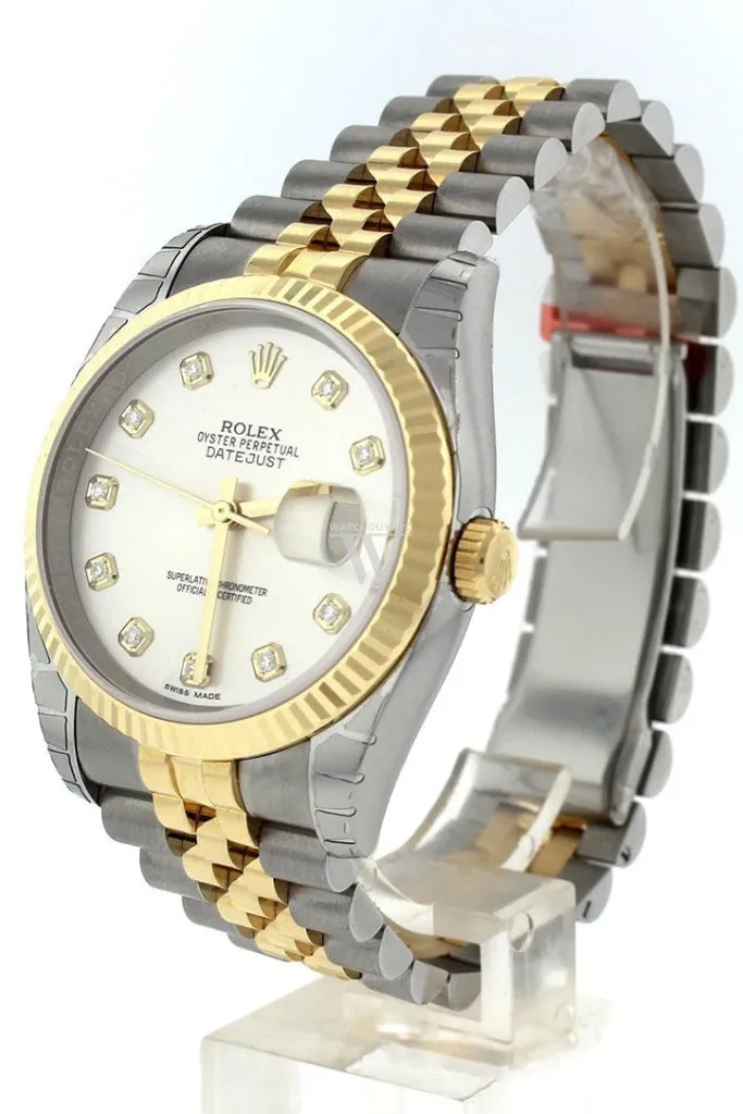 Rolex Datejust 36 Silver Diamond Dial Fluted 18K Gold Two Tone Jubilee Watch 116233 Pre-owned