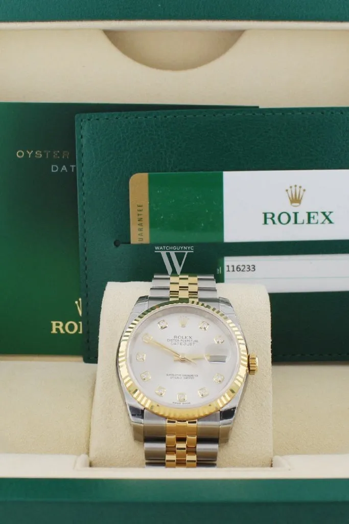 Rolex Datejust 36 Silver Diamond Dial Fluted 18K Gold Two Tone Jubilee Watch 116233 Pre-owned