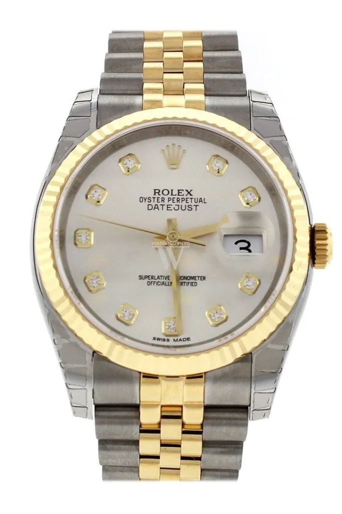 Rolex Datejust 36 Silver Diamond Dial Fluted 18K Gold Two Tone Jubilee Watch 116233 Pre-owned