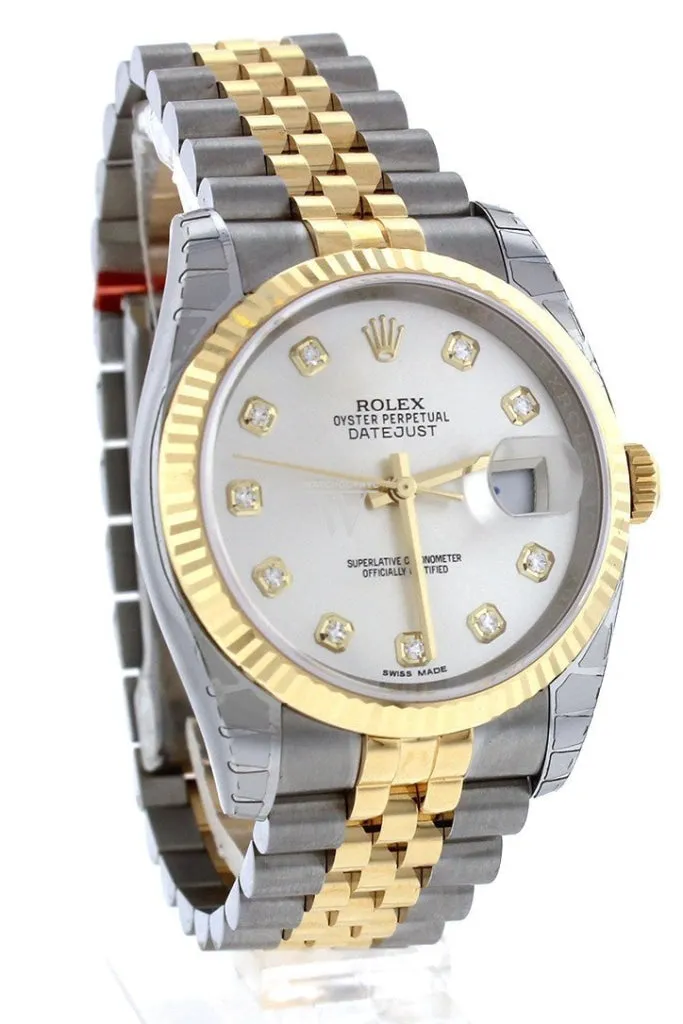 Rolex Datejust 36 Silver Diamond Dial Fluted 18K Gold Two Tone Jubilee Watch 116233 Pre-owned