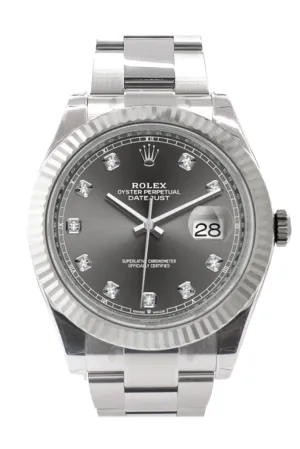 Rolex Datejust 41 Dark Rhodium Set with Diamonds Dial White Gold Fluted Bezel Mens Watch 126334