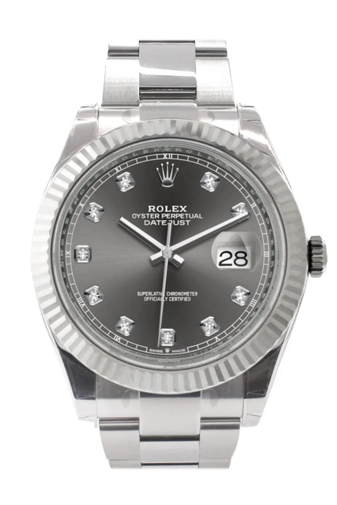 Rolex Datejust 41 Dark Rhodium Set with Diamonds Dial White Gold Fluted Bezel Mens Watch 126334