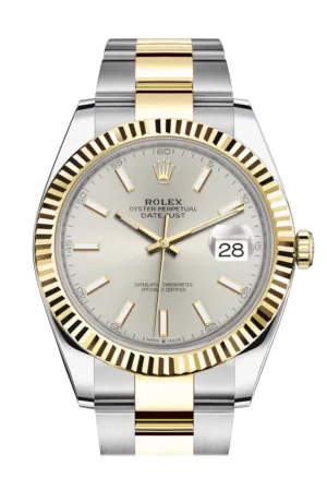 Rolex Datejust 41 Silver Dial Fluted Bezel 18k Yellow Gold Mens Watch 126333