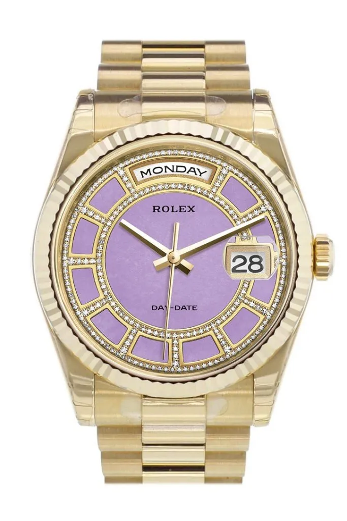 Rolex Day-Date 36 Carousel of lavender jade Dial Fluted Bezel President Yellow Gold Watch 118238