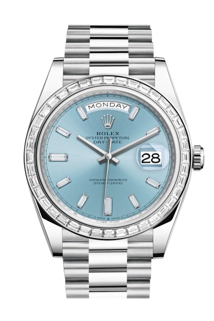 Rolex Day-Date 40 Ice Blue Baguette Diamond Dial 40 Baguette Diamond Bezel Platinum President Automatic Men's Watch 228396TBR 228396
