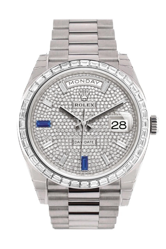 Rolex Day-Date 40 Paved Diamond Sapphires Dial 40 Baguette Diamond Bezel Platinum President Automatic Men's Watch 228396TBR 228396