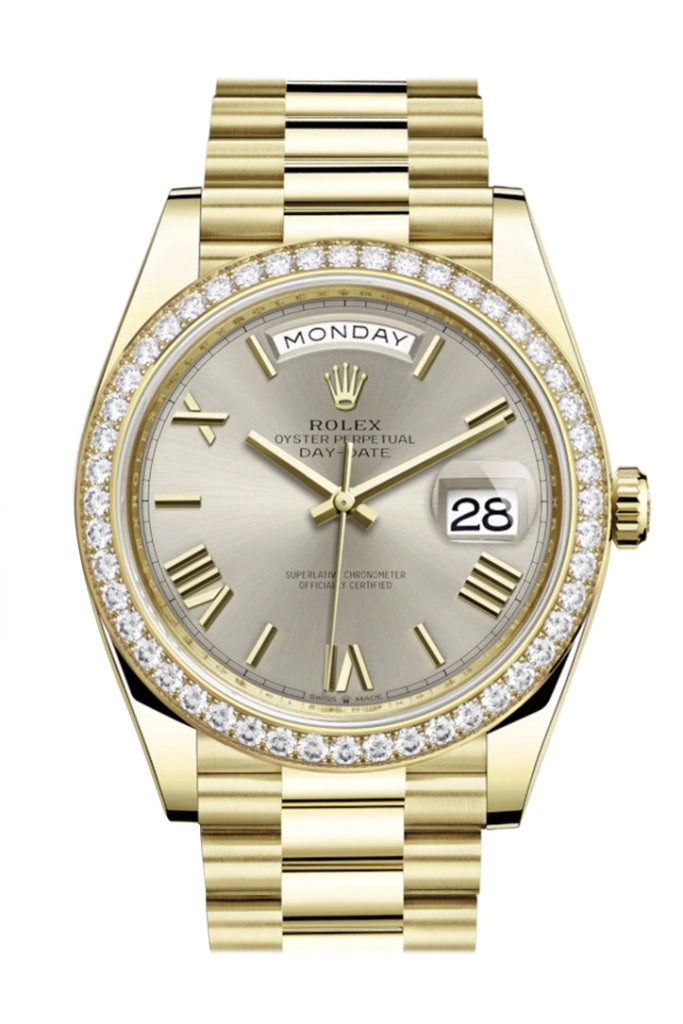 Rolex Day-Date 40 Silver Roman Dial Diamond Bezel 18K Yellow Gold President Automatic Men's Watch 228348