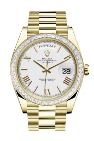 Rolex Day-Date 40 White Roman Dial 40 Baguette Diamond Bezel 18K Yellow Gold President Automatic Men's Watch 228398TBR  228398