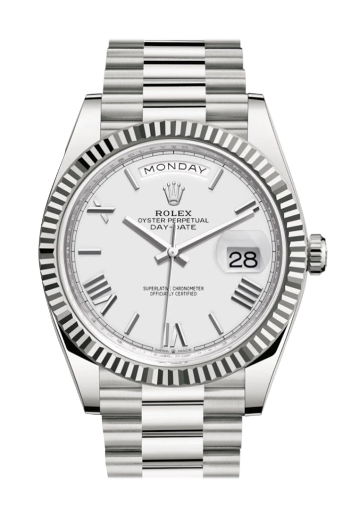 Rolex Day-Date 40 White Roman Dial Fluted Bezel White Gold President Automatic Men's Watch 228239