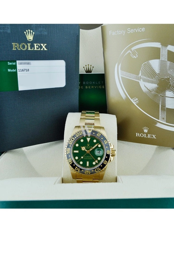 Rolex GMT Master II Green Dial Oyster Bracelet 18kt Yellow Gold Men's Watch 116718