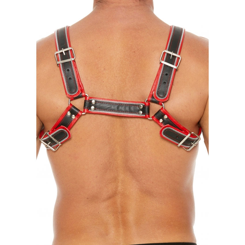 Shots UOMO Z Series Leather Men's Bulldog Harness L/XL - Black - Red