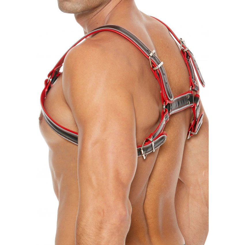 Shots UOMO Z Series Leather Men's Bulldog Harness L/XL - Black - Red