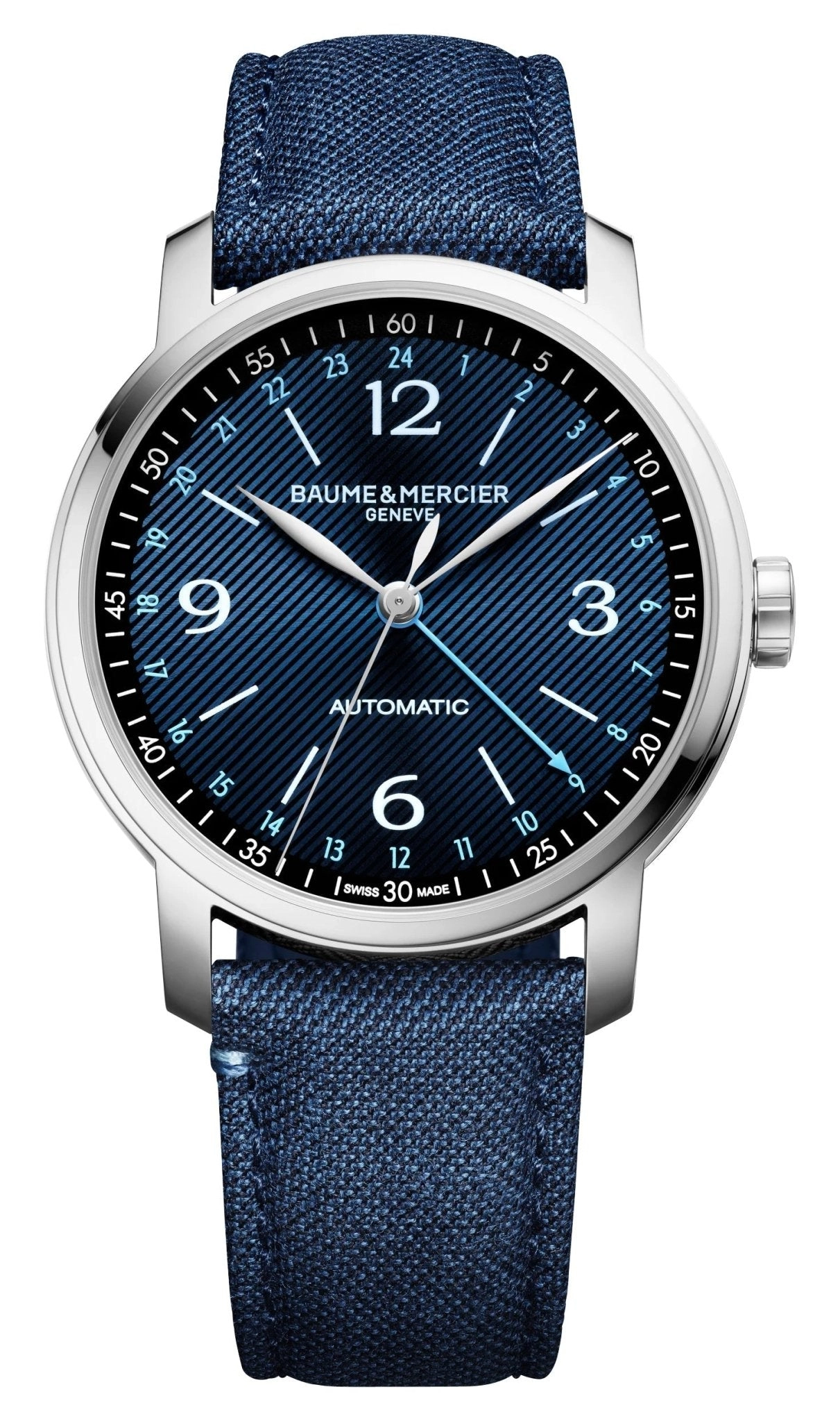 Special Edition Baume & Mercier Classima Automatic GMT Stainless Steel Blue Dial Blue Fabric Interchangeable Black Leather Strap Mens Watch M0A10734