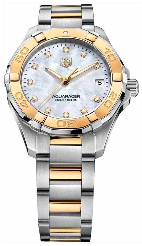 TAG Heuer Aquaracer Steel & Yellow Gold Mother-of-Pearl Dial Diamonds Date Quartz Womens Watch WAY1351.BD0917