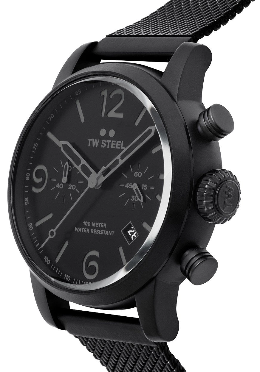 TW Steel Maverick Chronograph Black Dial Black PVD Mesh Band Date Quartz Mens Watch MB33